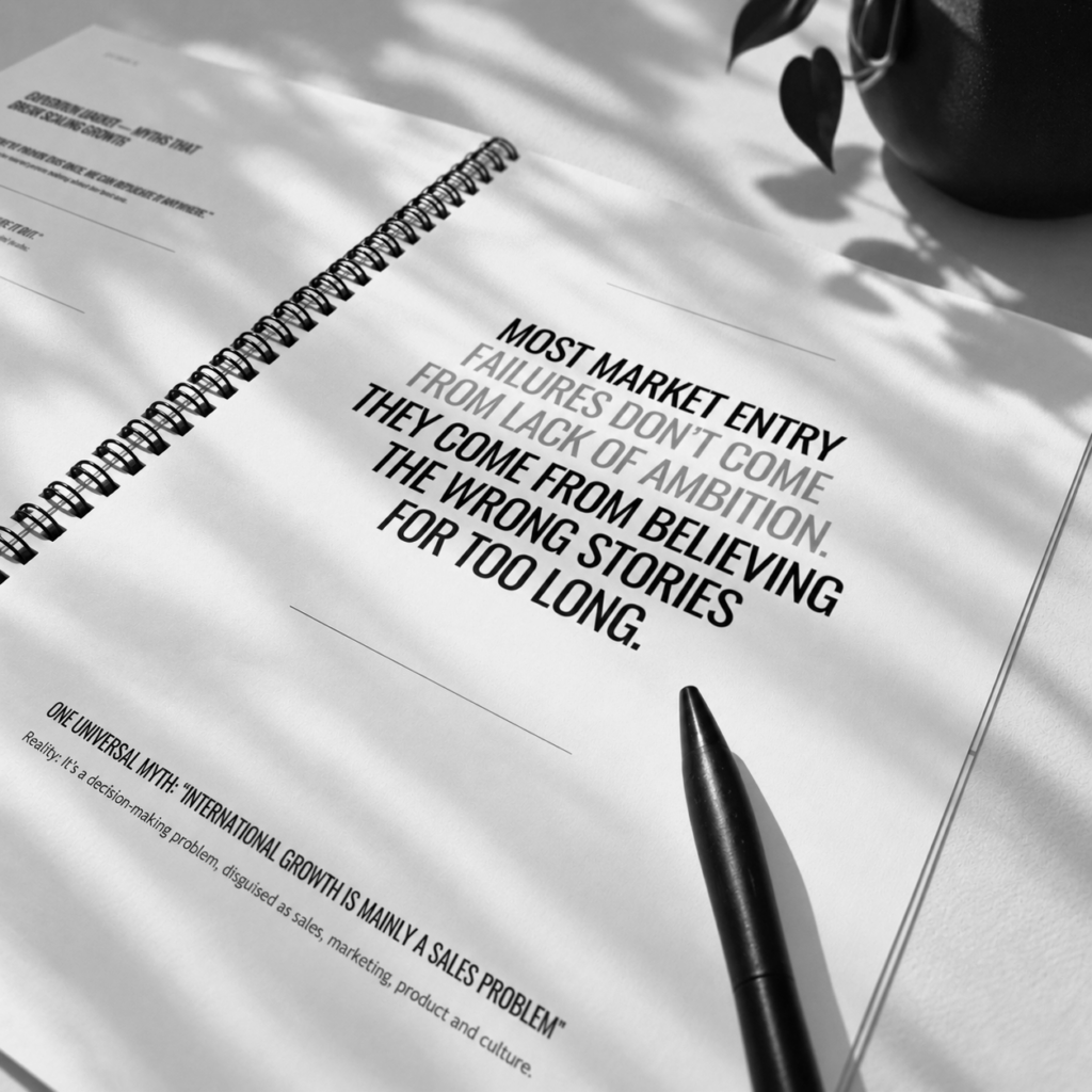 Entrylab Market Entry Playbook laying on a desk next to a plant and a pen on a black and white image.