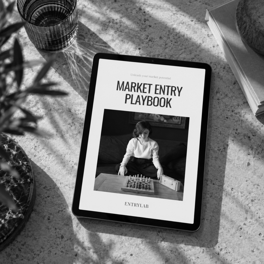 Entrylab Market Entry Playbook's digital version in a tablet screen, laying on a desk next to a plant and a pen on a black and white image.